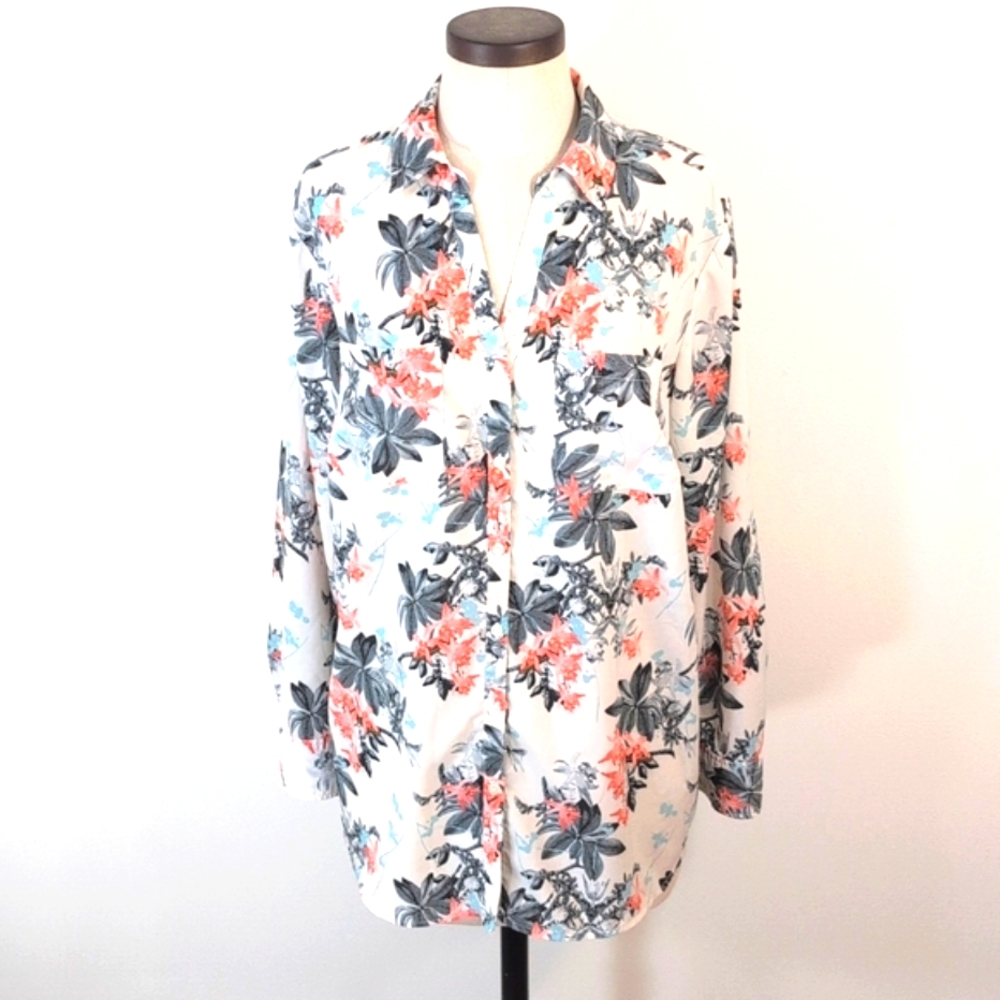 Talbots Nantucket semi-sheer floral button up w roll tab sleeves. 1X